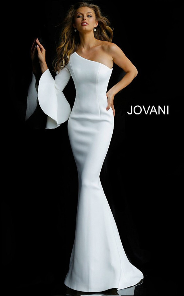 One Shoulder Long Bell Sleeve Wedding Dress